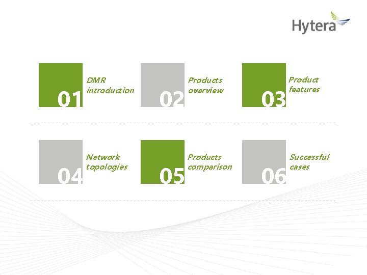 01 04 DMR introduction Network topologies 02 05 Products overview Products comparison 03 06