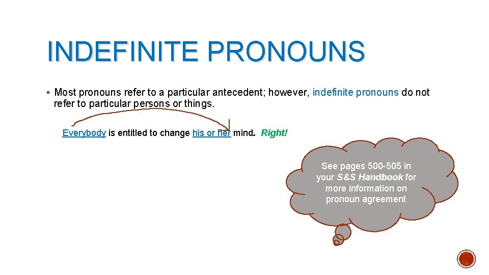 INDEFINITE PRONOUNS § Most pronouns refer to a particular antecedent; however, indefinite pronouns do