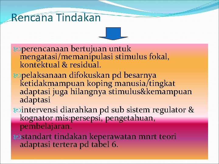 Rencana Tindakan perencanaan bertujuan untuk mengatasi/memanipulasi stimulus fokal, kontektual & residual. pelaksanaan difokuskan pd