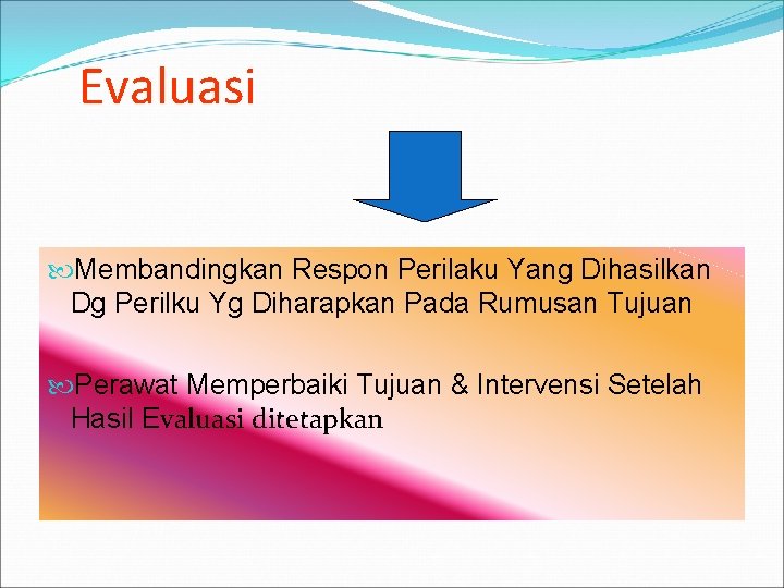 Evaluasi Membandingkan Respon Perilaku Yang Dihasilkan Dg Perilku Yg Diharapkan Pada Rumusan Tujuan Perawat