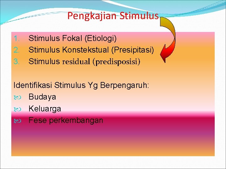 Pengkajian Stimulus 1. 2. 3. Stimulus Fokal (Etiologi) Stimulus Konstekstual (Presipitasi) Stimulus residual (predisposisi)