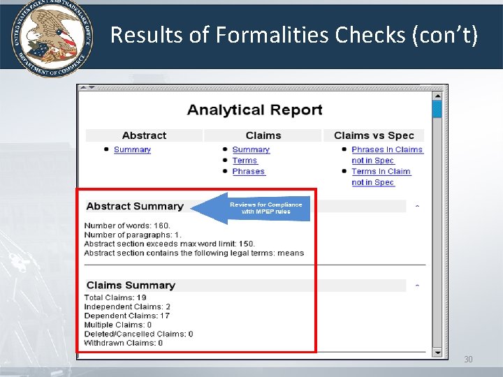 Results of Formalities Checks (con’t) 30 Results of Formalities Checks (con’t) 30