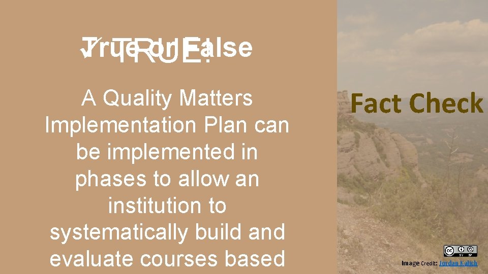 True or False ü TRUE! A Quality Matters Implementation Plan can be implemented in True or False ü TRUE! A Quality Matters Implementation Plan can be implemented in