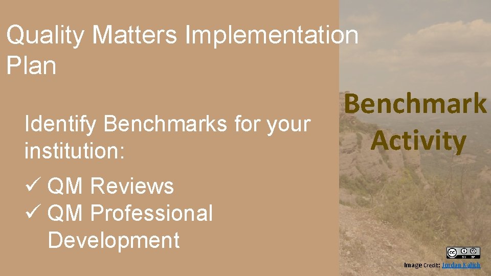 Quality Matters Implementation Plan Identify Benchmarks for your institution: Benchmark Activity ü QM Reviews Quality Matters Implementation Plan Identify Benchmarks for your institution: Benchmark Activity ü QM Reviews