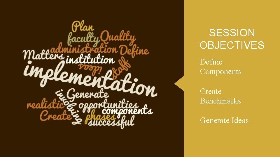 SESSION OBJECTIVES Define Components Create Benchmarks Generate Ideas SESSION OBJECTIVES Define Components Create Benchmarks Generate Ideas