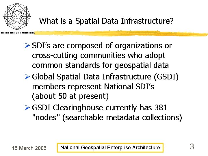 NSDI What is a Spatial Data Infrastructure? National Spatial Data Infrastructure Ø SDI’s are NSDI What is a Spatial Data Infrastructure? National Spatial Data Infrastructure Ø SDI’s are
