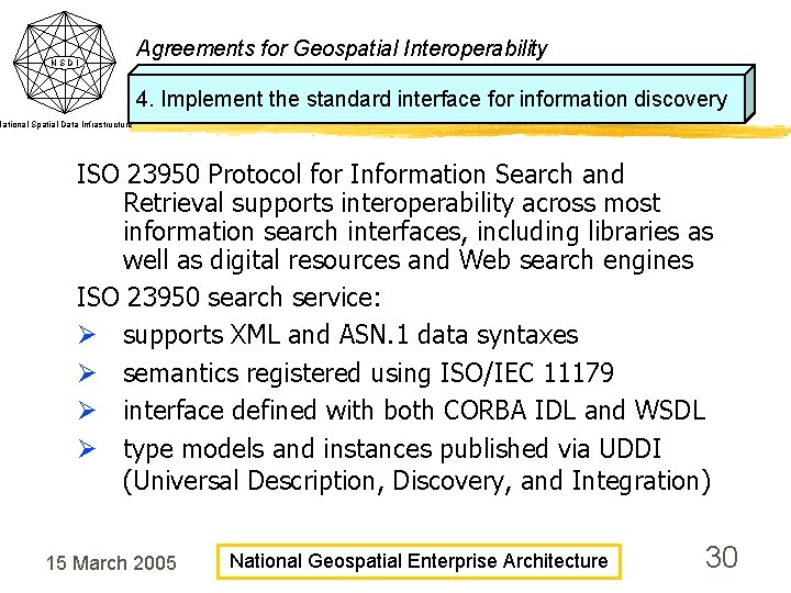 NSDI Agreements for Geospatial Interoperability 4. Implement the standard interface for information discovery National NSDI Agreements for Geospatial Interoperability 4. Implement the standard interface for information discovery National