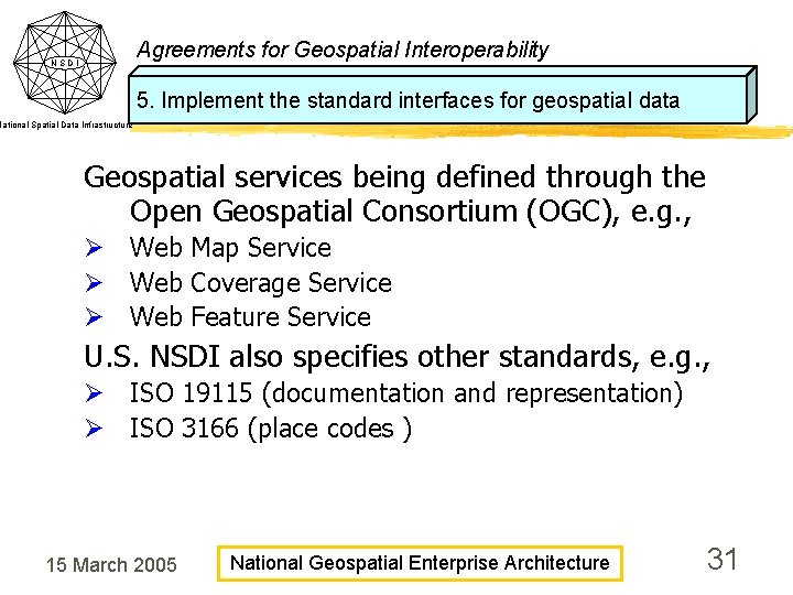 Agreements for Geospatial Interoperability NSDI 5. Implement the standard interfaces for geospatial data National Agreements for Geospatial Interoperability NSDI 5. Implement the standard interfaces for geospatial data National