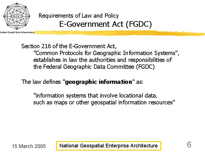 Requirements of Law and Policy NSDI E-Government Act (FGDC) National Spatial Data Infrastructure Section Requirements of Law and Policy NSDI E-Government Act (FGDC) National Spatial Data Infrastructure Section