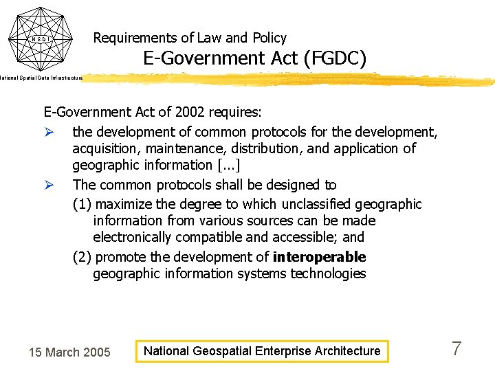 NSDI Requirements of Law and Policy E-Government Act (FGDC) National Spatial Data Infrastructure E-Government NSDI Requirements of Law and Policy E-Government Act (FGDC) National Spatial Data Infrastructure E-Government