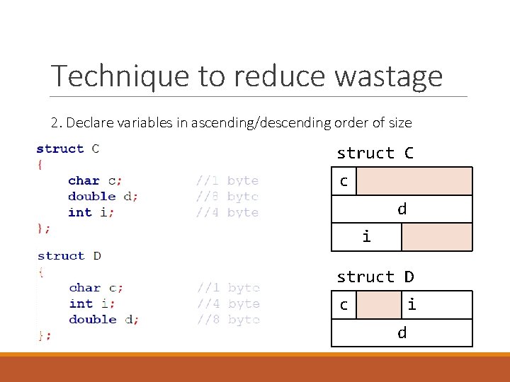 Technique to reduce wastage 2. Declare variables in ascending/descending order of size struct C Technique to reduce wastage 2. Declare variables in ascending/descending order of size struct C