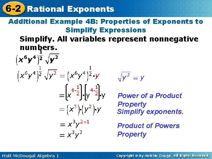 6 -2 Rational Exponents Additional Example 4 B: Properties of Exponents to Simplify Expressions