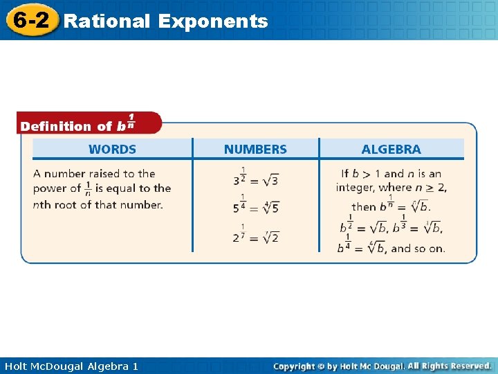 6 -2 Rational Exponents Holt Mc. Dougal Algebra 1 