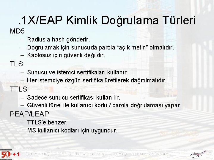 . 1 X/EAP Kimlik Doğrulama Türleri MD 5 – Radius’a hash gönderir. – Doğrulamak