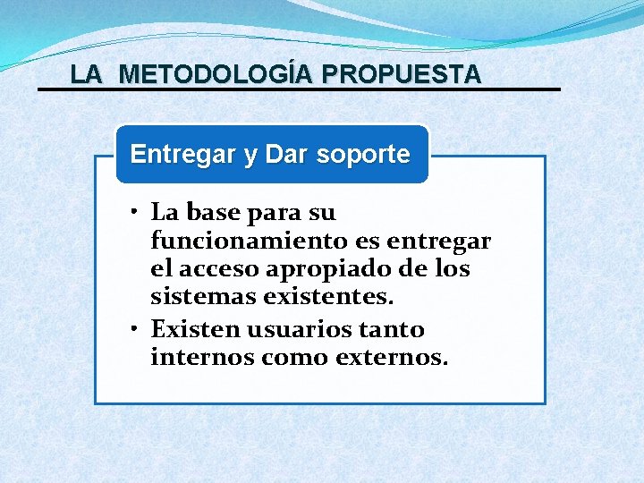 LA METODOLOGÍA PROPUESTA Entregar y Dar soporte • La base para su funcionamiento es