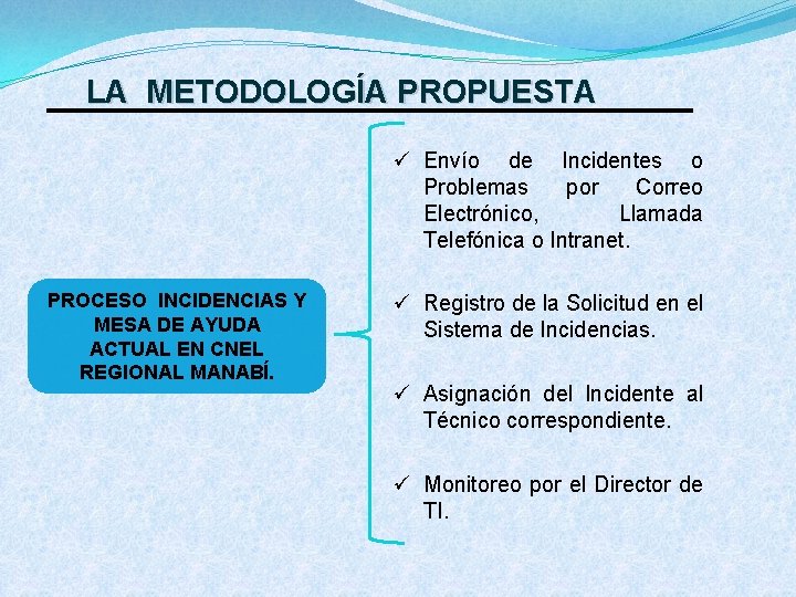 LA METODOLOGÍA PROPUESTA ü Envío de Incidentes o Problemas por Correo Electrónico, Llamada Telefónica