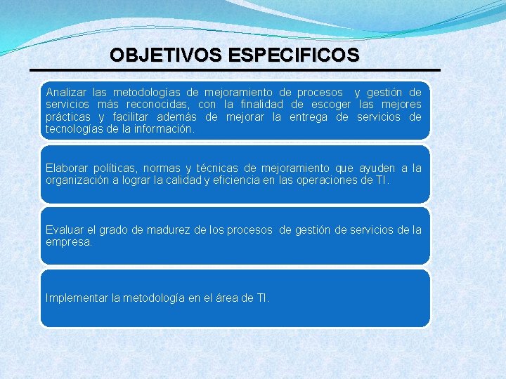 OBJETIVOS ESPECIFICOS Analizar las metodologías de mejoramiento de procesos y gestión de servicios más