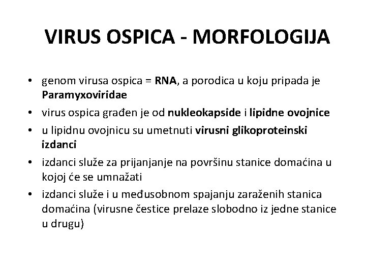 VIRUS OSPICA - MORFOLOGIJA • genom virusa ospica = RNA, a porodica u koju