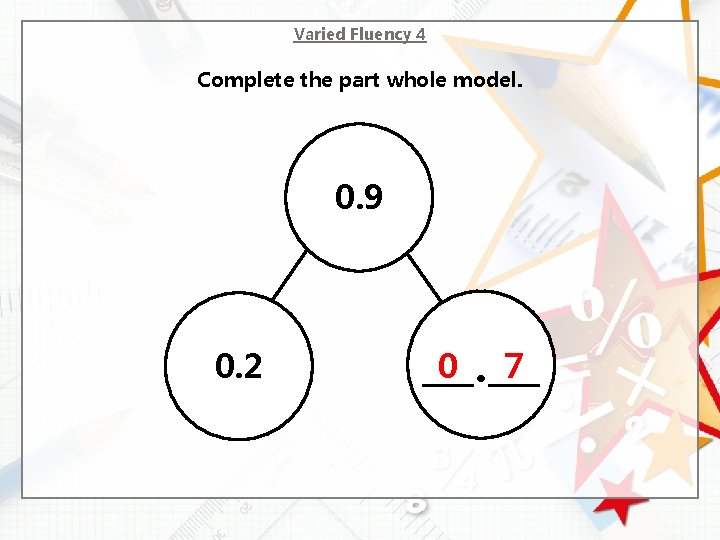 Varied Fluency 4 Complete the part whole model. 0. 9 0. 2 0 .