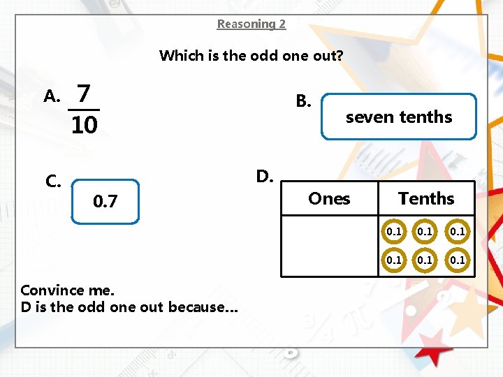 Reasoning 2 Which is the odd one out? A. C. 7 10 B. seven