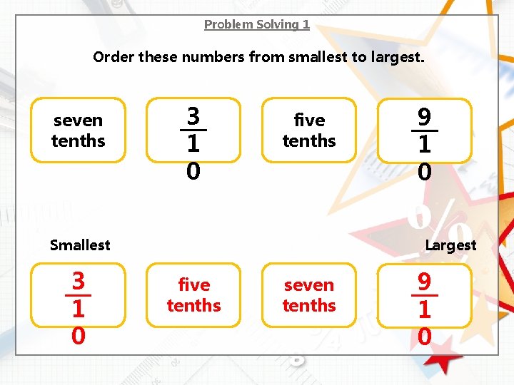 Problem Solving 1 Order these numbers from smallest to largest. seven tenths 3 1