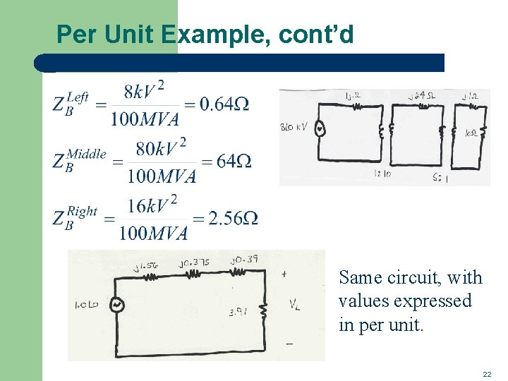 Per Unit Example, cont’d Same circuit, with values expressed in per unit. 22 Per Unit Example, cont’d Same circuit, with values expressed in per unit. 22