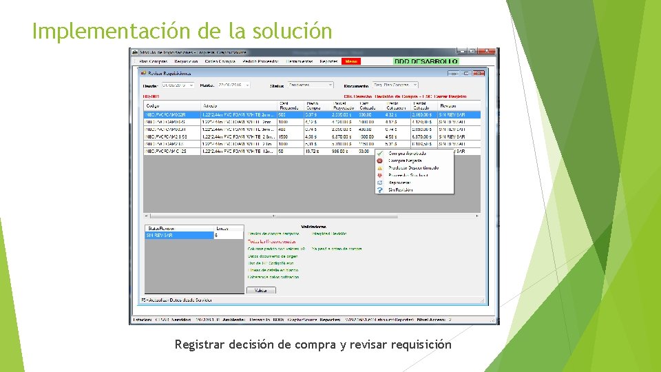 Implementación de la solución Registrar decisión de compra y revisar requisición 