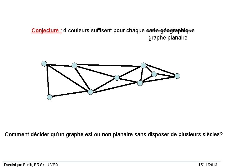 Conjecture : 4 couleurs suffisent pour chaque carte géographique graphe planaire Comment décider qu’un