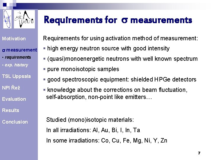 Requirements for s measurements Motivation Requirements for using activation method of measurement: s measurement