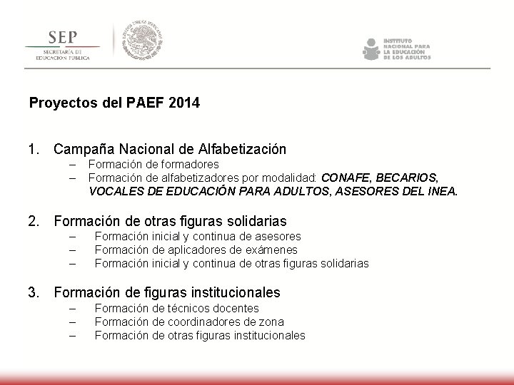 Proyectos del PAEF 2014 1. Campaña Nacional de Alfabetización – – Formación de formadores