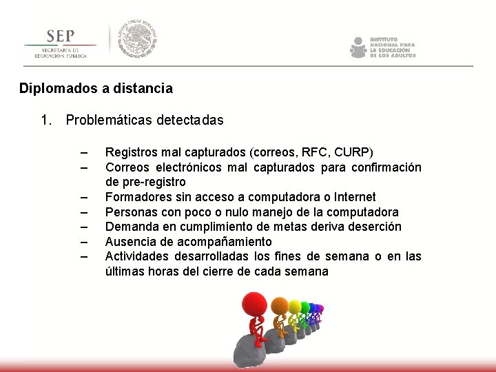 Diplomados a distancia 1. Problemáticas detectadas – – – – Registros mal capturados (correos,