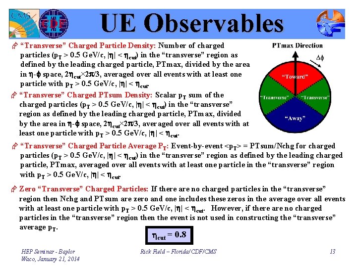 UE Observables Æ “Transverse” Charged Particle Density: Number of charged particles (p. T >