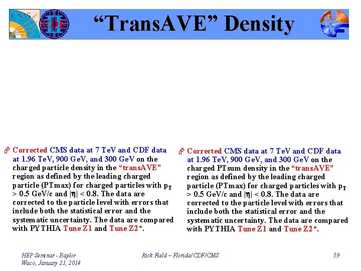 “Trans. AVE” Density Æ Corrected CMS data at 7 Te. V and CDF data