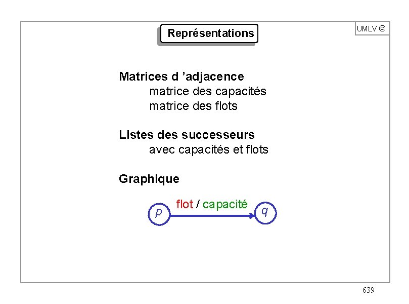UMLV ã Représentations Matrices d ’adjacence matrice des capacités matrice des flots Listes des