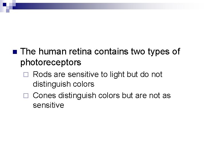 n The human retina contains two types of photoreceptors Rods are sensitive to light