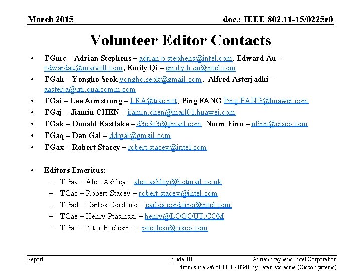 March 2015 doc. : IEEE 802. 11 -15/0225 r 0 Volunteer Editor Contacts •