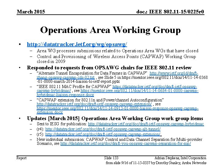 March 2015 doc. : IEEE 802. 11 -15/0225 r 0 Operations Area Working Group