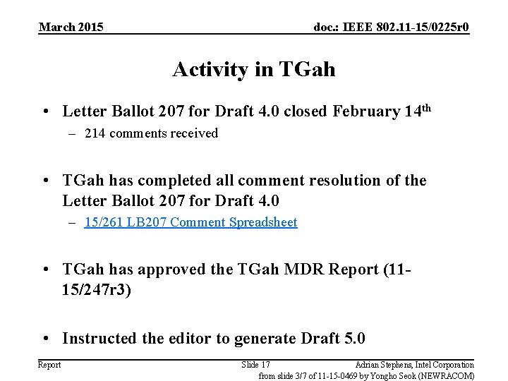 March 2015 doc. : IEEE 802. 11 -15/0225 r 0 Activity in TGah •