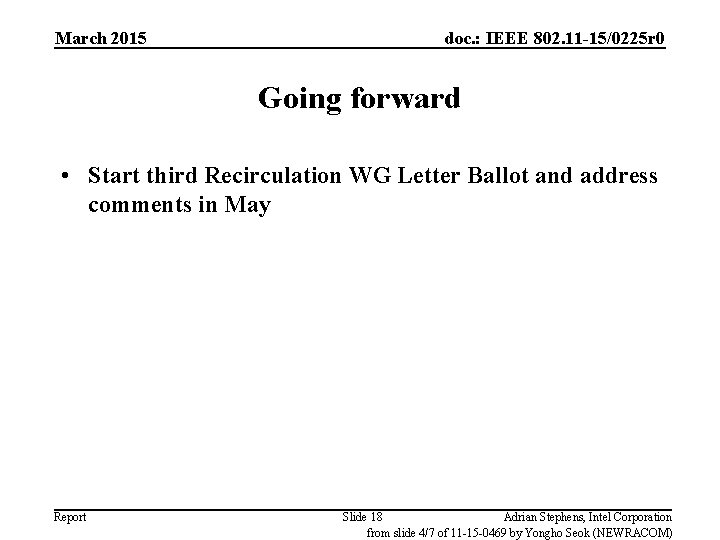 March 2015 doc. : IEEE 802. 11 -15/0225 r 0 Going forward • Start