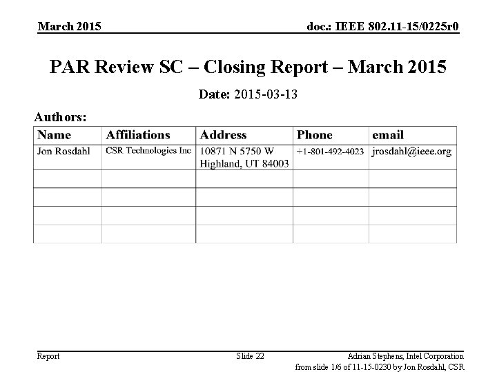 March 2015 doc. : IEEE 802. 11 -15/0225 r 0 PAR Review SC –