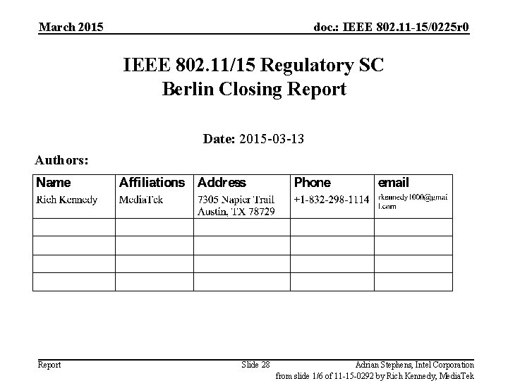 March 2015 doc. : IEEE 802. 11 -15/0225 r 0 IEEE 802. 11/15 Regulatory