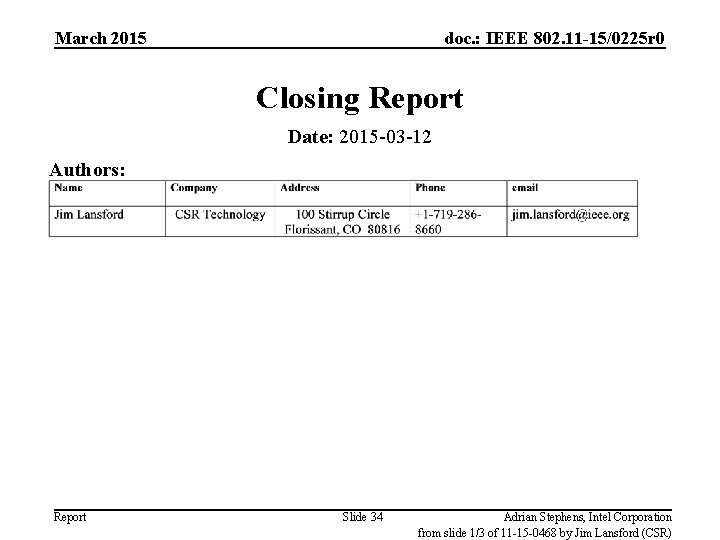 March 2015 doc. : IEEE 802. 11 -15/0225 r 0 Closing Report Date: 2015