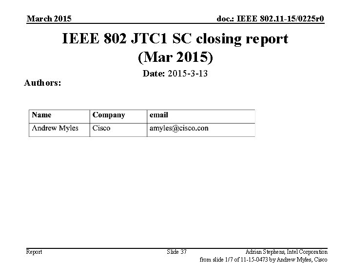 March 2015 doc. : IEEE 802. 11 -15/0225 r 0 IEEE 802 JTC 1