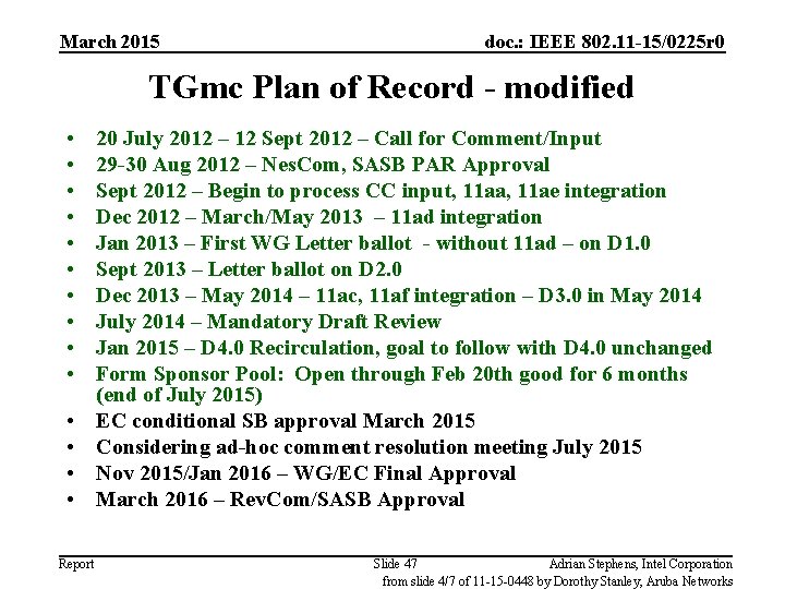 March 2015 doc. : IEEE 802. 11 -15/0225 r 0 TGmc Plan of Record