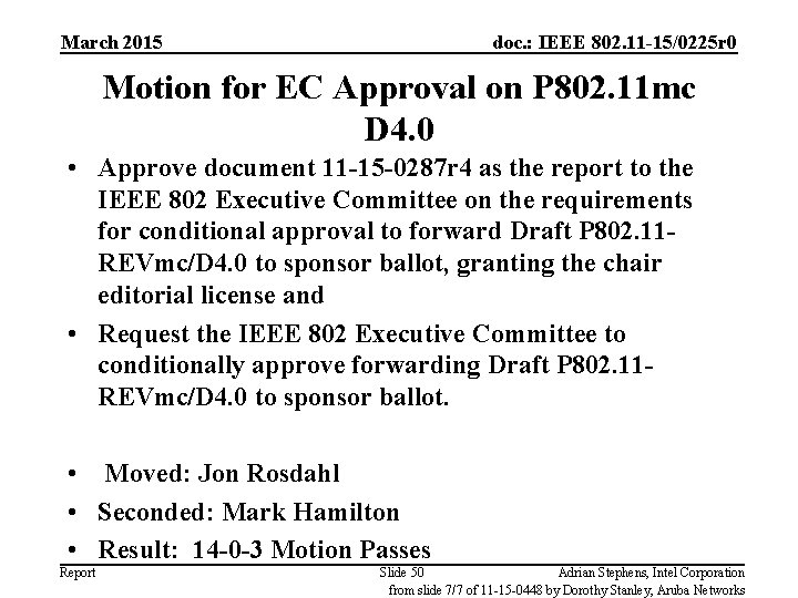 March 2015 doc. : IEEE 802. 11 -15/0225 r 0 Motion for EC Approval