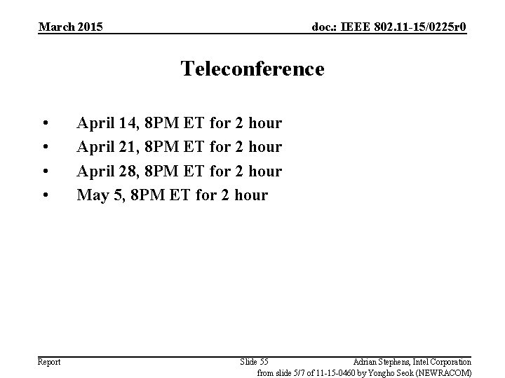 March 2015 doc. : IEEE 802. 11 -15/0225 r 0 Teleconference • • Report