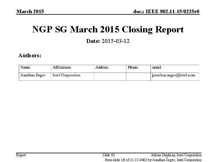March 2015 doc. : IEEE 802. 11 -15/0225 r 0 NGP SG March 2015