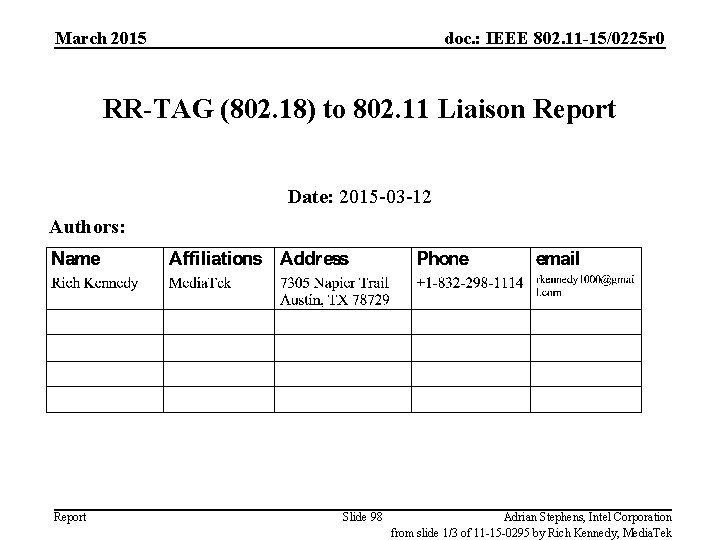 March 2015 doc. : IEEE 802. 11 -15/0225 r 0 RR-TAG (802. 18) to