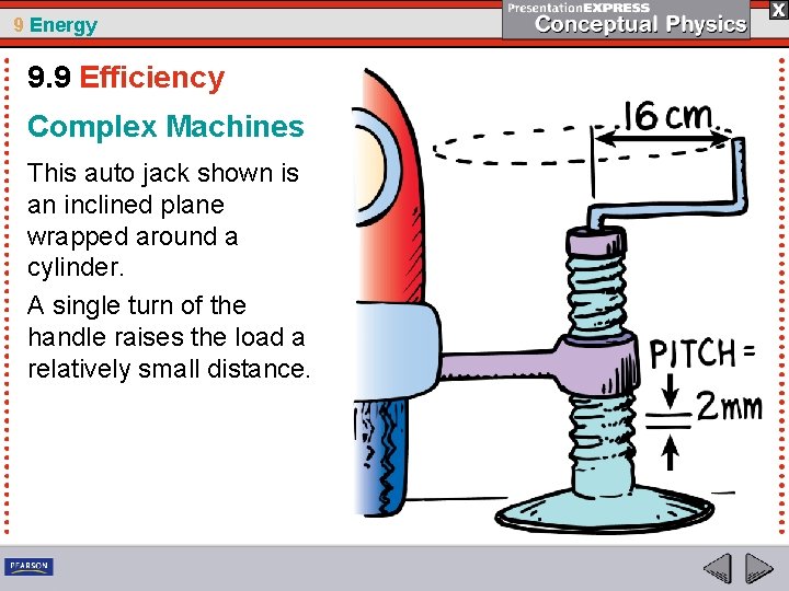 9 Energy 9. 9 Efficiency Complex Machines This auto jack shown is an inclined