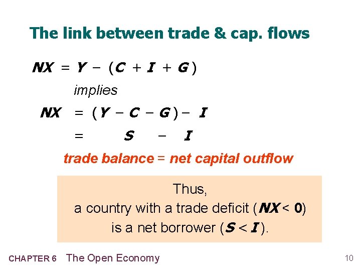 The link between trade & cap. flows NX = Y – (C + I